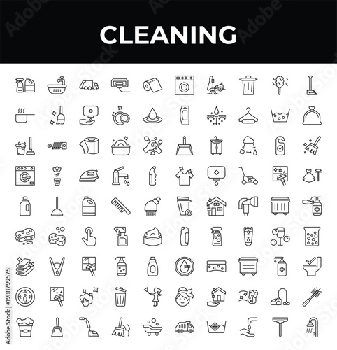 outline cleaning icons set - hot water, softener, wiping tray tool. editable vector for web and mobile ui