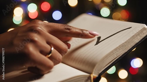 Woman's hand checking off task in planner with bokeh lights