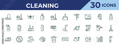 outline cleaning icons set - wiping dustpan, hand soap, iron cleanin. editable vector for web and mobile ui