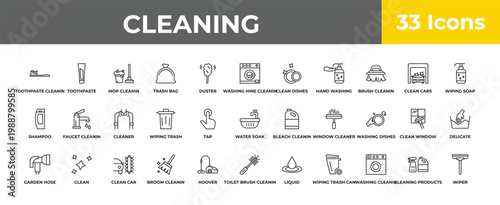 outline cleaning icons set - cleaner, clean, wiper. editable vector for web and mobile ui