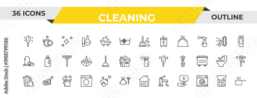 outline cleaning icons set - leaf cleanin, mop, bucket cleanin. editable vector for web and mobile ui
