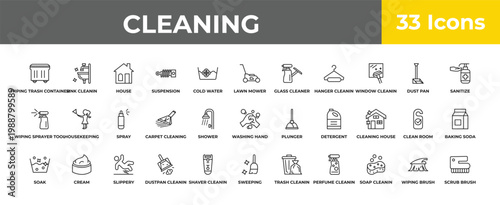 outline cleaning icons set - spray, cream, scrub brush. editable vector for web and mobile ui