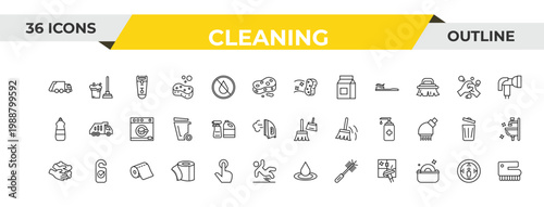 outline cleaning icons set - wiping sponge tool, cleaning products, paper roll. editable vector for web and mobile ui