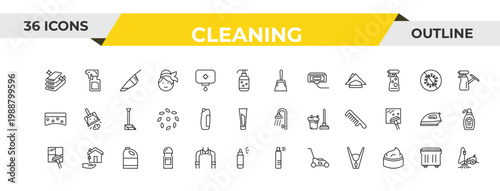 outline cleaning icons set - dustpan, solvent, bleach cleanin. editable vector for web and mobile ui