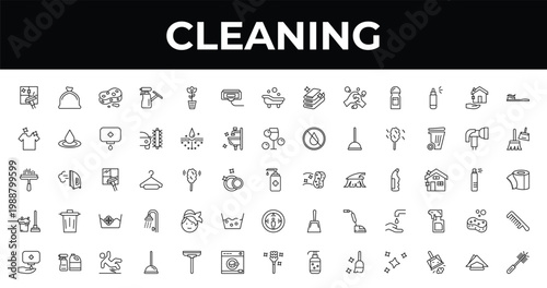 outline cleaning icons set - compress cleanin, cleaning tools, plunger cleanin. editable vector for web and mobile ui