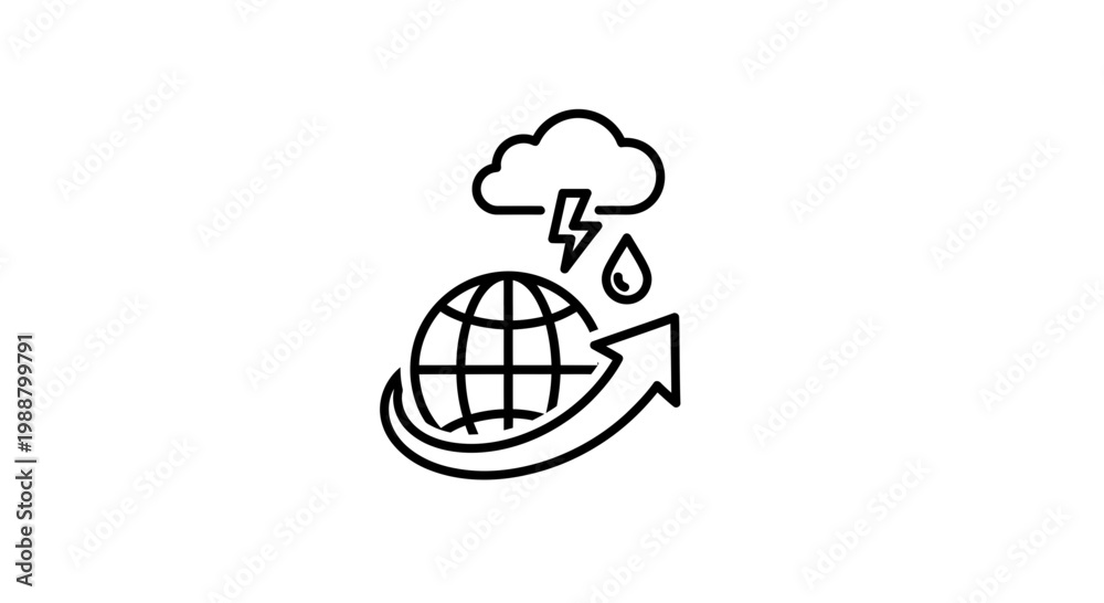 Fototapeta premium Global Weather Change Icon: Earth with Storm Cloud, Lightning, Rain, and Arrow