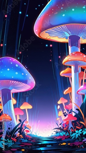 Kawaii Anime Mushroom Frame With Bright Psychedelic Style and Fantasy Garden Border