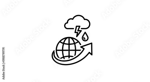 Global Weather Change Icon: Earth with Storm Cloud, Lightning, Rain, and Arrow