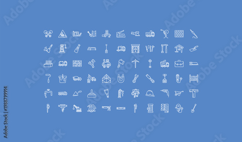 outline construction tools icons set - sanding hine, truck with crane, pickaxes drilling. editable vector for web and mobile ui