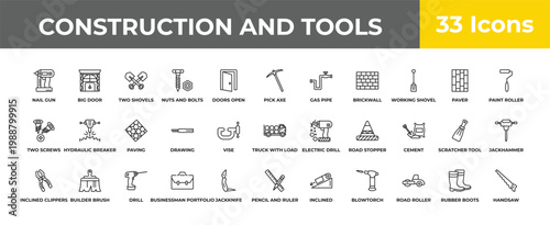 outline construction and tools icons set - paving, builder brush, handsaw. editable vector for web and mobile ui