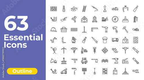 outline construction and tools icons set - ladder, mechanic working, chisel. editable vector for web and mobile ui