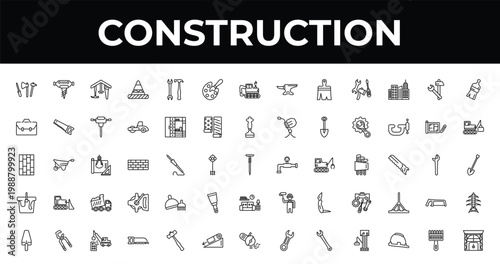 outline construction icons set - pallete, derrick with box, hacksaw. editable vector for web and mobile ui
