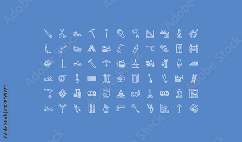 outline construction tools icons set - inclined hammer, welding, jackhammer. editable vector for web and mobile ui
