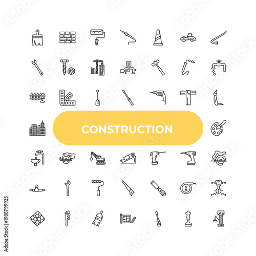 outline construction icons set - garden fence, chop saw, chisel. editable vector for web and mobile ui