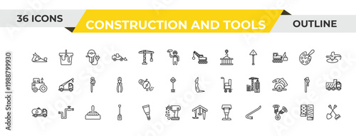 outline construction and tools icons set - derrick with ball, angle grinder, construction works. editable vector for web and mobile ui