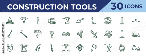 outline construction tools icons set - construction palette, spade tool, inclined magnet. editable vector for web and mobile ui