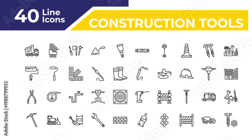 outline construction tools icons set - roller and paint, plier, pick axe. editable vector for web and mobile ui