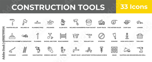 outline construction tools icons set - plumbing, ladder, cordless drill. editable vector for web and mobile ui