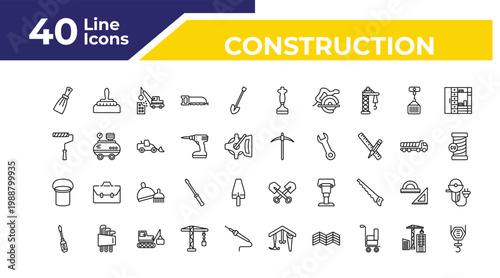 outline construction icons set - painter roller, bucket, screwdrivers. editable vector for web and mobile ui