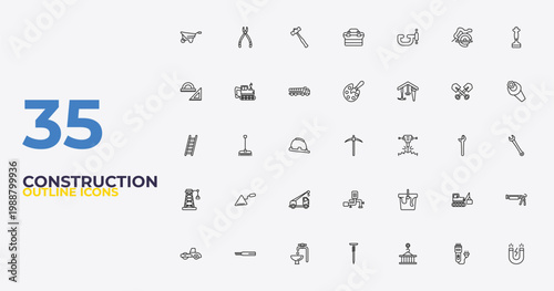 outline construction icons set - pallete, paint bucket, inclined magnet. editable vector for web and mobile ui