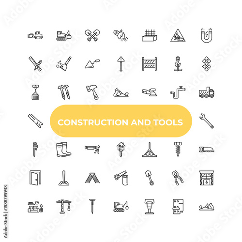 outline construction and tools icons set - derrick with load, rubber boots, short shovel. editable vector for web and mobile ui