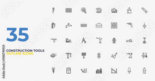 outline construction tools icons set - businessman portfolio, sweeping broom, gallon oil. editable vector for web and mobile ui