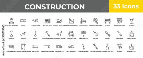 outline construction icons set - spade, garage screwdriver, paint bucket. editable vector for web and mobile ui