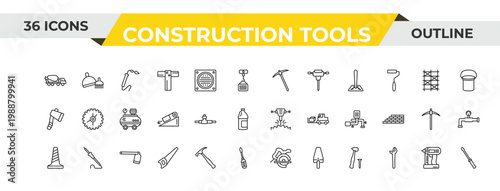 outline construction tools icons set - pick axe, plumbing pipes, gardening digger. editable vector for web and mobile ui