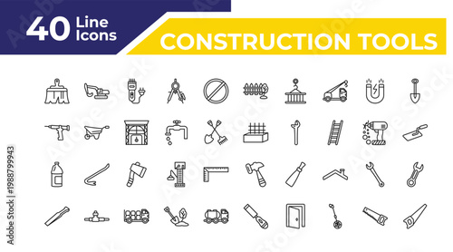 outline construction tools icons set - sealant gun, gallon oil, wedge tool. editable vector for web and mobile ui
