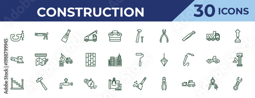 outline construction icons set - hammer and nail, sanding hine, stairs with handle. editable vector for web and mobile ui