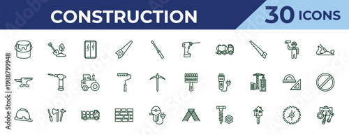 outline construction icons set - drill, anvil, safety helmet. editable vector for web and mobile ui