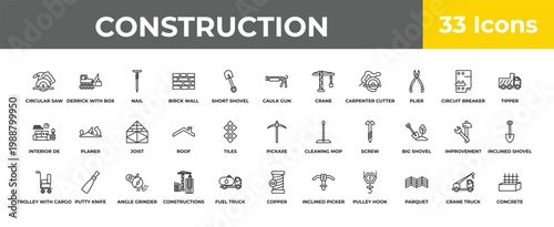 outline construction icons set - joist, putty knife, concrete. editable vector for web and mobile ui