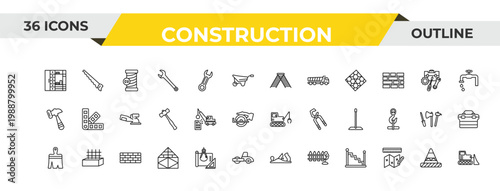 outline construction icons set - double ladder, demolition, brick. editable vector for web and mobile ui