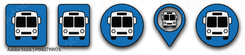 Bus station icons illustration set, blue public transport symbols for urban bus stops, transit navigation, and city mobility design.