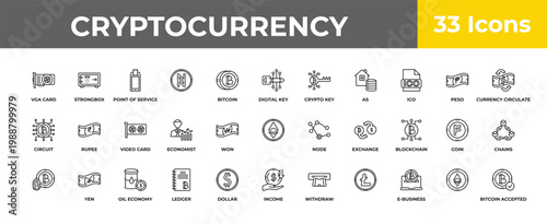 outline cryptocurrency icons set - video card, yen, bitcoin accepted. editable vector for web and mobile ui