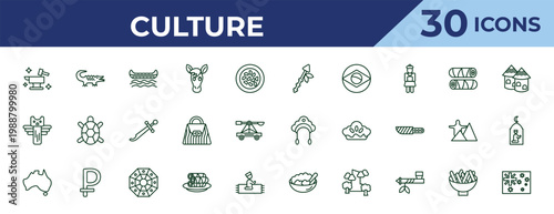 outline culture icons set - native american spear, native american totem, australian continent. editable vector for web and mobile ui
