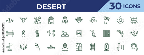 outline desert icons set - cowboy hat, paddock, . editable vector for web and mobile ui