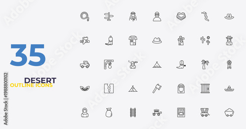 outline desert icons set - desert hat, cleopatra, mine. editable vector for web and mobile ui