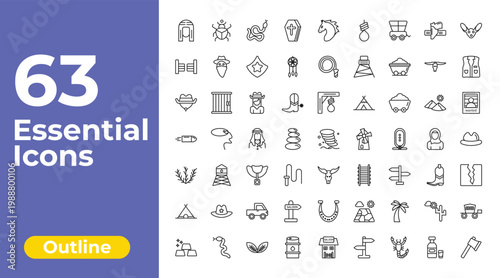 outline desert icons set - wooden coffin, cowboy whip, carriage. editable vector for web and mobile ui