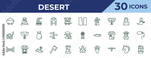 outline desert icons set - crack, snake, saloon. editable vector for web and mobile ui