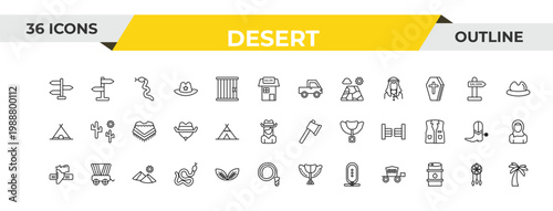 outline desert icons set - pick up, wigwam, dunes. editable vector for web and mobile ui