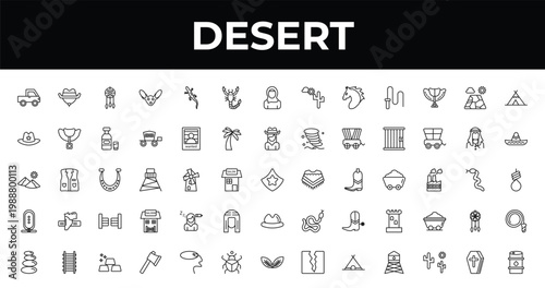 outline desert icons set - scorpion, mexican hat, ax. editable vector for web and mobile ui