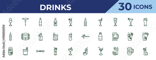 outline drinks icons set - alcohol, vodka, tom collins. editable vector for web and mobile ui