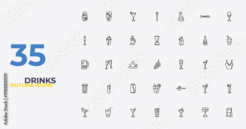 outline drinks icons set - jigger, drip, coffee bag. editable vector for web and mobile ui