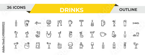 outline drinks icons set - irish sour, manhattan drink, coffee bag. editable vector for web and mobile ui