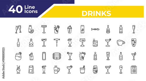outline drinks icons set - wine bottles, pisco sour, mai thai. editable vector for web and mobile ui