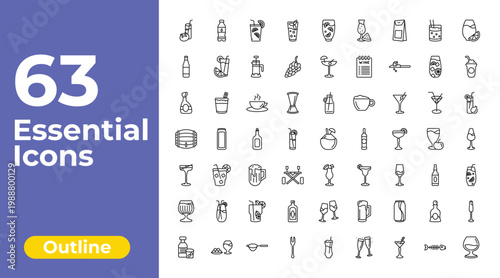 outline drinks icons set - mint julep, pink rose, french 75. editable vector for web and mobile ui