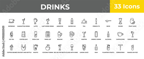 outline drinks icons set - soda can, ice bucket and bottle, ramos gin fizz. editable vector for web and mobile ui