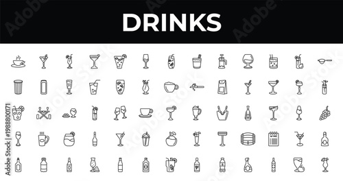 outline drinks icons set - glass with wine, bloody mary, watermelon juice. editable vector for web and mobile ui