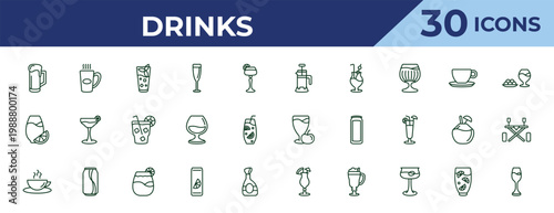 outline drinks icons set - french press, fruit juice, tea. editable vector for web and mobile ui